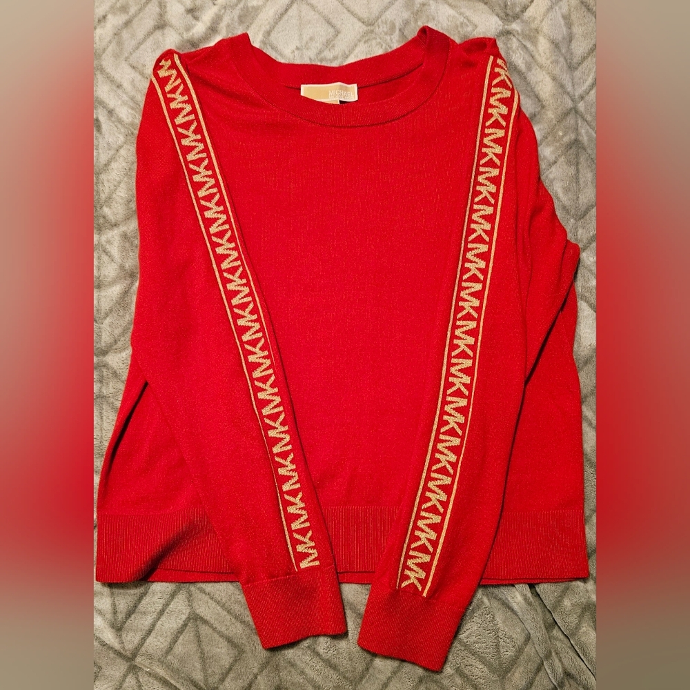 MK Red Sweater with gold initials on sleeves XL